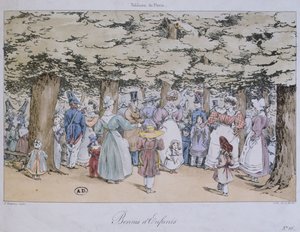 Crianças e babás no parque, da série Tableau de Paris, gravada por C. Motte, 1827 de Fortune Delarue