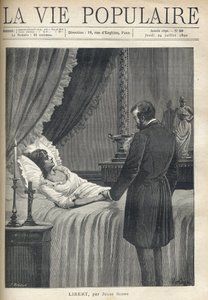 Um homem sobrecarregado de tristeza, parado à beira da cama, segura a mão da sua adorável mulher morta. Na mesa de cabeceira da cama, uma vela acesa e um crucifixo. Na lintel da lareira, um copo e uma escultura de mulher em traje antigo. Illustrati de Fortune Louis Meaulle