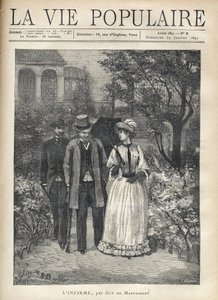 Um homem com bequilles caminha com uma elegante jovem mulher nos becos de um parque. Um segundo homem segue-os. Ilustração de Fortune Louis (Fortune-Louis) Meaulle para "L