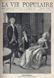 Um jovem loiro bonito, com mau aspecto, tendo acabado de fazer a sua proposta, vê a rapariga apanhada com uma gargalhada, entornada na sua cadeira, sob os olhos do pai. Ilustração para Puyjoli por Jules Claretie (1840-1913). Gravura de Fortune Meaulle (184 de Fortune Louis Meaulle