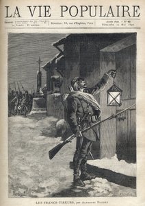 Um soldado, carregando toda a sua barda, uma espingarda de baioneta e acenando uma lanterna em frente à porta fechada de uma casa da cidade. Atrás dele, perto da Cruz de Ferro, o resto da trupe chega para se juntar a ele. Ilustração de Montegut (?) , para  de Fortune Louis Meaulle