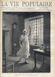 Uma mulher de camisa e boné de noite, com o rosto cheio de medo, olhos tristes e uma mão levantada, levanta-se descalça em frente à janela da sua casa, através da qual se vêem as esteiras dos barcos. No interior, um relógio, uma gaiola de pássaros e pequen de Fortune Louis Meaulle