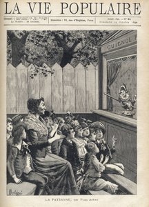 Uma mulher no meio de um grupo de crianças aplaude um espetáculo de marionetes (Guignol). Ilustração de Fortune Meaulle de Montegut para "O camponês" de Paul Arene (1843-1896). Gravura em "La vie populaire" (La vie populaire). de Fortune Louis Meaulle