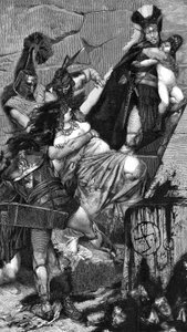 Andromaque: pormenor de uma gravura (1883) de Meaulle a partir de uma pintura de Georges Antoine Rochegrosse (1859-1938). Às mãos dos soldados gregos, Andrómaca tenta segurar o seu filho Astyanax, levado por um hoplita trácio. No início da cena de Fortune Louis Meaulle