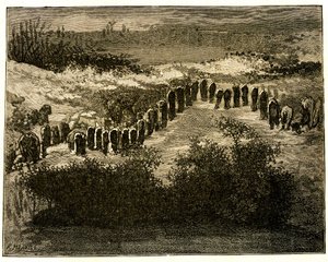 Alinhamentos do menir de Carnac. Desenho de Victor Hugo gravado por Meaulle. Extrato do texto de Hugo (En voyage en Bretagne de Fortune Louis Meaulle