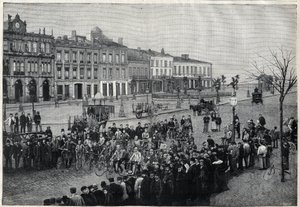 Partida da corrida de ciclismo Bordeaux-Paris (Bordeaux Paris) em 1891 - gravura de Meaulle de 1891 de Fortune Louis Meaulle