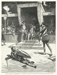 Duelo entre Guy Cabot de Jarnac e François de Vivonne, Seigneur de la Chataigneraie em frente ao Rei Henrique II de França e toda a sua corte em St Germain-en-Laye