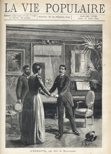 Numa sala de estar burguesa, um homem levanta-se precipitado em direcção à senhora da casa e agarra-lhe as mãos, deixando cair o chapéu no chão, sob o olhar espantoso de outro homem. Ilustração de Bernard Borione (século 1865-20), para o teste de Guy de Fortune Louis Meaulle