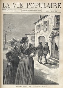Nas ruas de uma aldeia da Provença, duas lindas mulheres com vestidos provençais voltam-se para a rua para enfrentar um homem que se vira confiante para os seus olhos. Ilustração de Montegut para O Homem Popular de Frederic Mistral (1830-1914). Gravura de  de Fortune Louis Meaulle