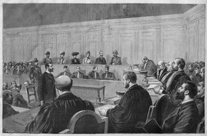 O escândalo de Toulon em 1891: caso Fouroux - Jonquieres - la salle des assiises, deposition des temoins - Gravação de Meaulle em "Le journal illustrious" de 1891 de Fortune Louis Meaulle