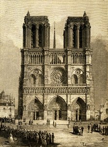 Notre Dame de Paris (Notre-Dame) em 1482: fachada oeste e parvis. Gravura de F. Meaulle, baseada num desenho de Viollet le Duc (Viollet-le-Duc) que ilustra o romance homónimo de Victor Hugo, edição Ollendorff do início do século XX. No canto inferior esque de Fortune Louis Meaulle