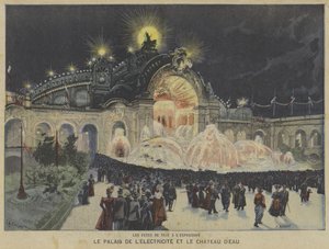 O, palácio, de, electricidade, e, castelo água, em, noturna, exposição, Universelle, 1900, paris