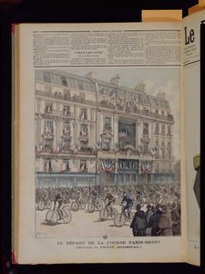 O início da corrida de bicicleta Paris-Brest em frente aos escritórios do &39;Le Petit Journal&39;, ilustração da revista do mesmo nome, 15 de setembro de 1891 de Fortune Louis Meaulle