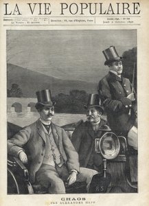 Dois homens de fato e cartola montados num laço de cavalo, liderados por um cocheiro. Estão a ir ao longo de um rio. Ilustração para o Caos por Alexandre Hepp (1857-1924). Gravura de Fortune Meaulle (1844-1901) de Fortune Louis Meaulle