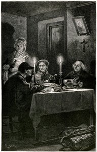 Victor Hugo "Os Miseráveis" Ilustração de Lix gravada por Meaulle: o Forcat e o Eveque. Jean Valjean, a quem o eveque Myriel ofereceu o hospital, vai cometer a sua última fuga: os talheres de prata do seu anfitrião. Sobre a mesa, os dois candelabros de pra de Fortune Louis Meaulle
