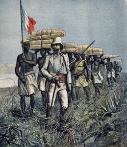 Tenente Mizon (1853-99) em sua Missão de Exploração da Área do Rio Benue em 1892 na Nigéria, de &39;Le Petit Journal&39;, julho de 1892