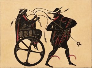 Impressão da decoração em uma ânfora grega, mostrando Triptolemus e Hermes, c1858. de Fourquemin
