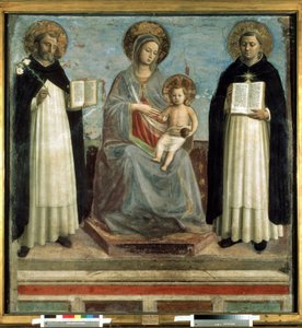 "A Virgem e o Menino com os Santos Domingos e Tomás de Aquino" (A Virgem e o Menino com os Santos Domingos e Tomás de Aquino) impressão em bloco de madeira de Gui