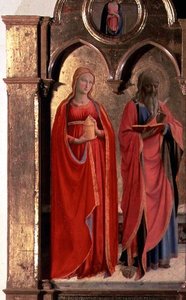 Virgem e Filho Entronizados com Quatro Anjos, detalhe de São João Evangelista e Maria Madalena, do Polittico di San Domenico (detalhe de 43910) de Fra (c.1387 1455) Angelico