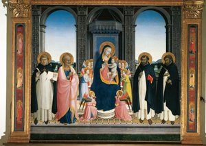 retábulo de Fiesole: Virgem e Criança com Anjos e Quatro Santos (pintura em madeira de Fra  Angelico