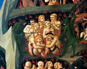 Inferno com demónios que castigam a preguiça, detalhe do Juízo Final por Giovanni da Fiesole, conhecido como Fra Angelico (1400-circa 1455), tempera sobre madeira