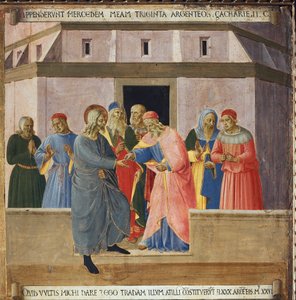 Judas foi ter com os principais sacerdotes e concordou em entregar Jesus em troca de trinta moedas de prata. Vida de Cristo, Armadio degli Argenti. (Tempera sobre madeira