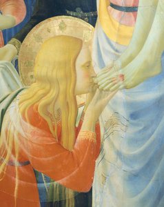 Maria Madalena beijando os pés de Jesus, detalhe de Deposição da Cruz ou Retábulo da Santíssima Trindade, por volta de 1432, de Giovanni da Fiesole conhecido como Fra Angelico (1400-cerca de 1455), têmpera em madeira