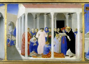 Santa Domingas (1170 - 1221) ressuscitando Napoleone Orsini, a parte inferior (a predela) da "Coroação da Virgem" representando Cristo no túmulo e seis episódios da vida de Santa Domingas, fundadora da ordem à qual o Angelicode belonge de Fra  Angelico