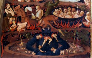 O Juízo Final: detalhe do Submundo. Maldições nos círculos infernais, torturas por demónios. Detalhe de um detrempe na madeira por Guido di Pietro (ou Fra Giovanni da Fiesole) dit Fra Angelico ou il Beato (1387-1455)