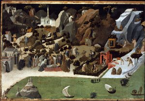 Thebaide - Cenas da Vida dos Pais do Deserto (Thebaid) - Peinture de Fra Giovanni (Guido di Pietro) dit Fra Angelico (1387-1455) - 1420 - Tempera no painel - 73,8x105 cm - Szepmuveszeti Muzeum, Budapeste, Hungria