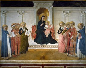 Virgem das Sombras ou "Santa Conversa" ou "Virgem e Criança com Oito Santos": Domingos, São Cosimo (Vinde ou Cosimo) e São Damien, São Marcos, São João Evangelista, São Tomás de Aquino, São Lourenço e São Pedro" A auréola de Jesus Cristo é marcada com