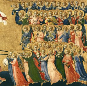Cristo Glorificado na Corte do Céu, detalhe de anjos musicais do lado direito, 1419-35 (têmpera no painel) (detalhe de 4052) de Fra Angelico