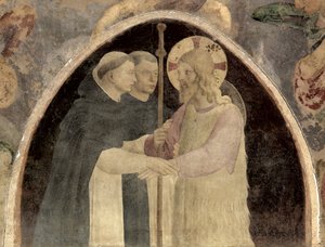 Cristo dá as boas vindas a dois frades dominicanos, detalhe em afresco de 78936 de Fra Angelico