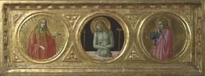 Cristo como homem das dores, ladeado por Santa Maria Madalena e São João Evangelista de Fra Angelico