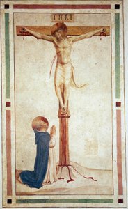 A crucificação com São Domingos. Inscrição "" INRI "" na cruz. Fresco de Guido di Pietro de Fra Angelico
