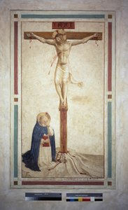 A crucificação com São Domingos. Inscrição "" INRI "" na cruz. Fresco de Guido di Pietro de Fra Angelico