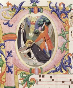 Missal 558 f.68v Historiated inicial &39;P&39; representando o assassinato de São Pedro, o Mártir de Fra Angelico