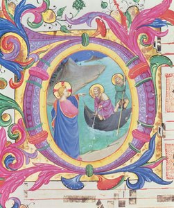 Missal 558 f.9r O inicial de Historiated descrevendo o projecto milagroso de peixes (detalhe de 88928) de Fra Angelico
