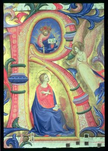 Ms 558 f.33v A Anunciação retratada em um R inicialista historiated, detalhe de um Missal, detalhe de pergaminho do início dos anos 1430 de 88932 de Fra Angelico