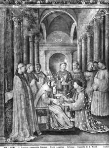 Papa Sisto II (d.258) Confere o Diaconado de São Lourenço (d.258) da Capela de Nicolau V de Fra Angelico