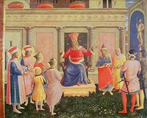 Santos Cosme e Damião e seus irmãos diante do procônsul Lysias, da predella do retábulo de São Marcos, 1438-40 (têmpera no painel) de Fra Angelico