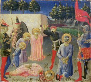 A decapitação de São Cosme e São Damião, da predella do retábulo de Annalena, c.1434 (têmpera no painel) de Fra Angelico
