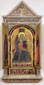 O tríptico de Linaiuoli (com venezianas abertas): A Virgem e o Menino entronizados com São João Batista e São Marcos, 1433 (têmpera no painel) (para detalhes ver 119416) de Fra Angelico
