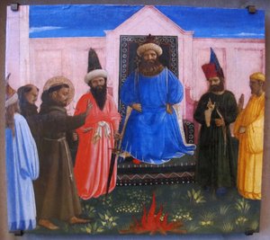 A prova de fogo, São Francisco oferece-se para atravessar o fogo, para converter o Sultão do Egito (Legenda maior, IX, 8) de Fra Angelico