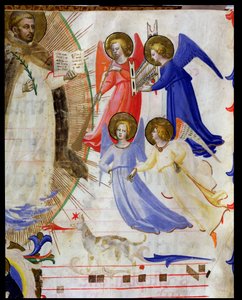 ds 558 f.67v São Domingos com quatro anjos musicais, a partir de um detalhe gradual de vellum de San Marco e Cenacoli de 88937 & 79797 de Fra Angelico