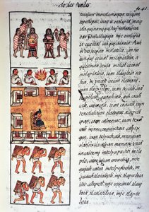 Sociedade asteca, músicos, rei e mercadores, texto em Nahuatti, do fac-símile do manuscrito História Geral das Coisas da Nova Espanha, também conhecido como Codex Florentino, de Bernardino de Sahagun de Fra Bernadino da Sahagun