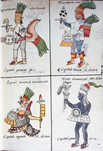 Deuses dos antigos mexicanos, Huitzilopochtli, Tezcatlipoca, Tlaloc e Paynal, texto em espanhol, do fac-símile do manuscrito História Geral das Coisas da Nova Espanha, também conhecido como Codex Florentino, de Bernardino de Sahagun de Fra Bernadino da Sahagun