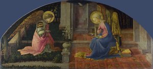 A Anunciação. Pintura de Fra Filippo Lippi (1406-1469), cerca de 1448-1450. Tempera sobre madeira. Tamanho : 68,6x152,7cm. Londres, National Gallery.