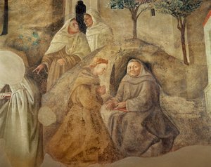 A Reforma da Regra Carmelita, detalhe de quatro frades carmelitas, c.1422 detalhe fresco de 94764 de Fra Filippo Lippi