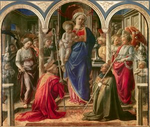 A Virgem e o Menino rodeados de anjos, São Frediano (Fridianus de Lucca ou Frigidanus, Frigidian, Frigianu) e Santo Agostinho, conhecido como Pala Barbadori, Altarpiece de Filippo Lippi (1406-1469) 1437-1438. Patrocinado pela família Barbadori para a Ordem de Fra Filippo Lippi